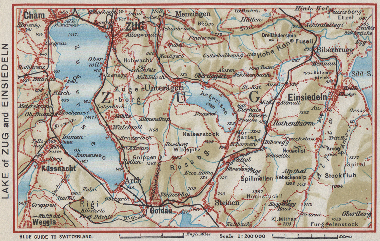 LAKE OF ZUG AND EINSIEDELN. Cham Goldau Küssnacht. Vintage map. Switzerland 1948